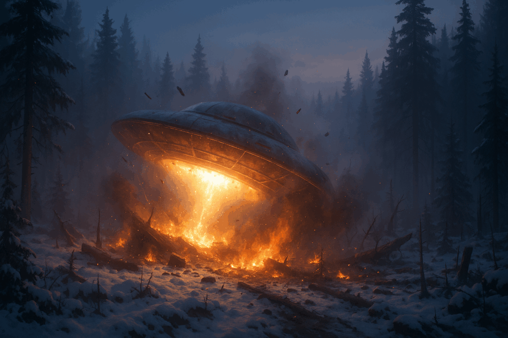 Пылающие обломки НЛО падают в снежный лес при свете заката (Burning UFO Debris Falls Into Snowy Forest at Sunset)