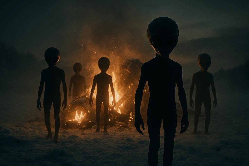 Пять гуманоидов выходят из обломков НЛО в сумерках (Five Humanoids Emerge From UFO Wreckage at Twilight)
