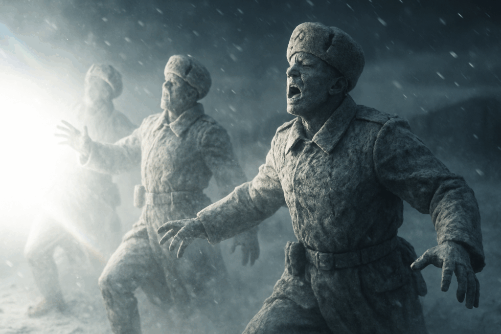 Солдаты превращаются в каменные статуи под ослепительной вспышкой (Soldiers Turn Into Stone Statues Under Blinding Flash)