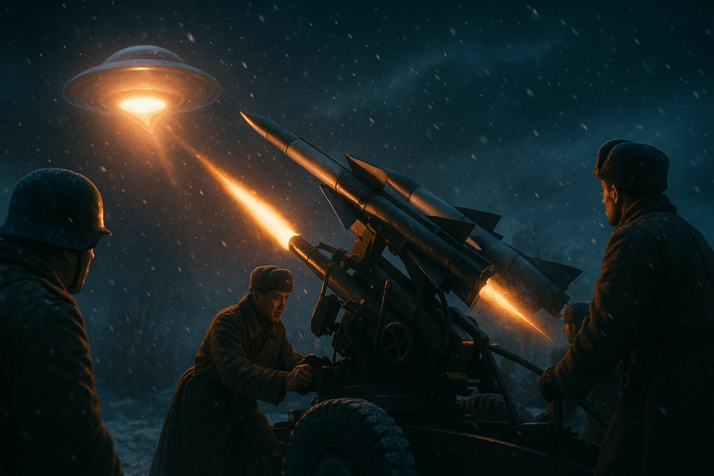 Советские солдаты запускают ракету по НЛО на фоне закатного неба (Soviet Soldiers Fire Missile at UFO Against Sunset Sky)