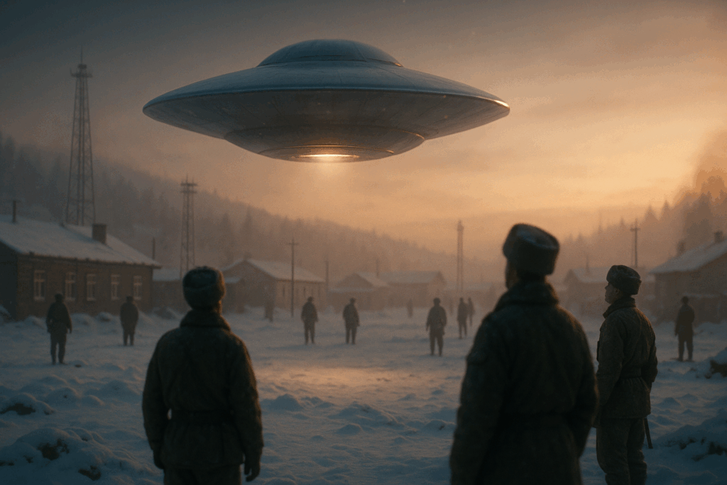 Серебристый НЛО зависает над военной базой на фоне вечернего неба (Silver UFO Hovers Over Military Base Against Evening Sky)