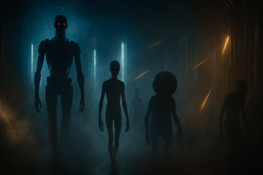 Различные инопланетные сущности стоят вместе в неизвестном комплексе (Various Alien Entities Stand Together in Unknown Facility)