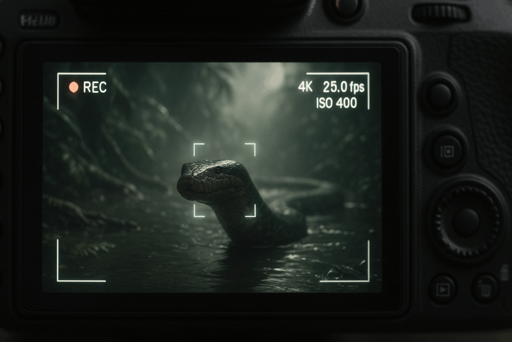 На экране камеры видна анаконда в джунглях (Giant Anaconda Appears on Camera Screen in Amazon Jungle)