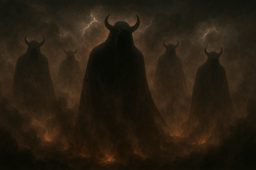 Огромные демоны нависают над пустынным адом в эпическом тумане (Massive Demons Loom Over Desolate Hell in Epic Fog)