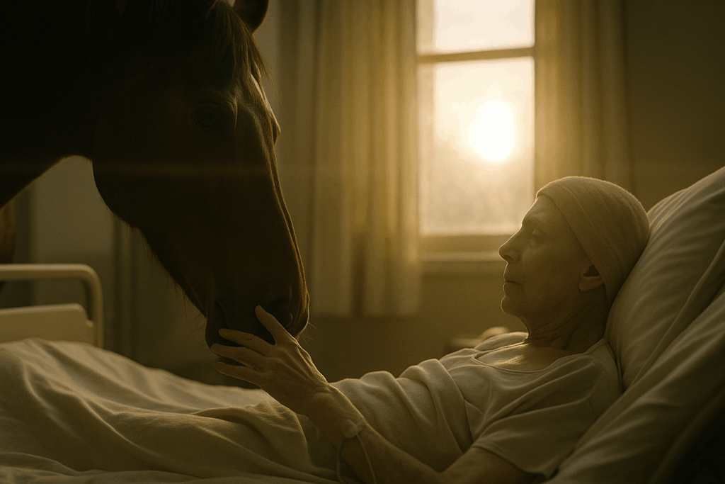 Пожилой пациент с улыбкой гладит лошадь у своей больничной койки при мягком свете заката (Elderly Patient Smiles While Petting a Horse by the Bedside in Gentle Sunset Light)