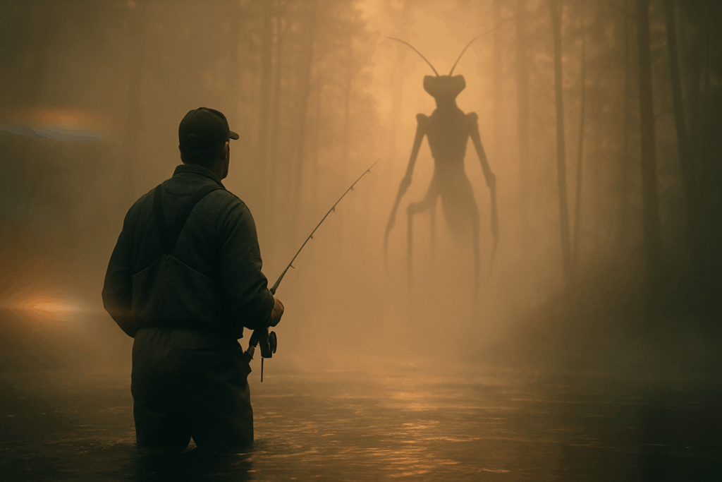 Рыбак замечает существо богомолообразной формы, выходящее из тумана у реки в глухом лесу (Fisherman Spots Mantis Entity Emerging from Mist in Remote Forest River)