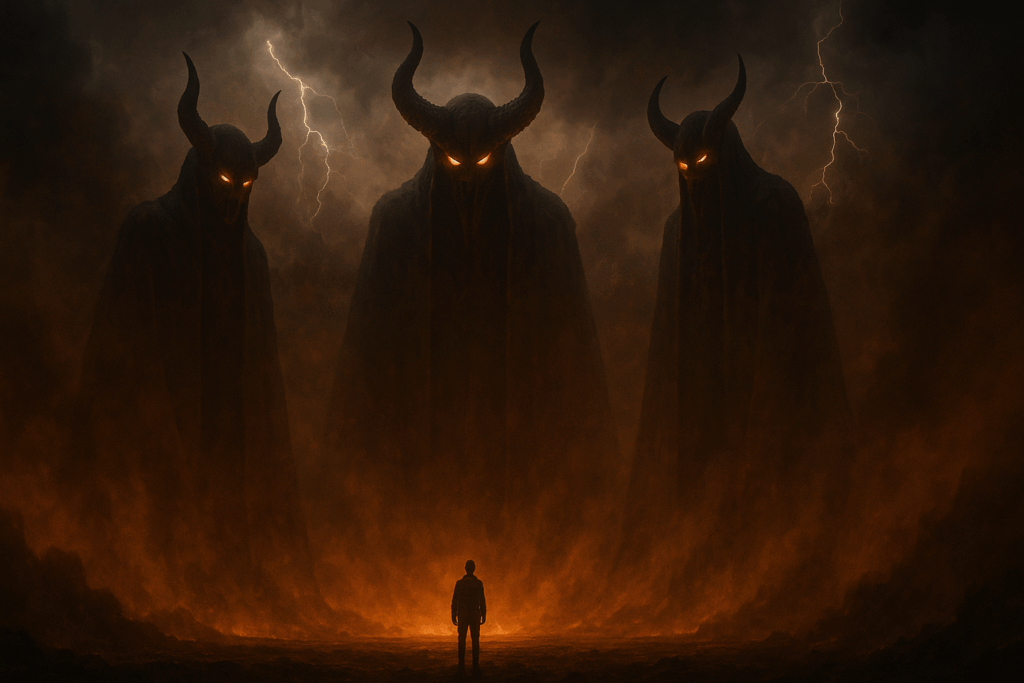 Огромные демоны нависают над человеком в адской дымке (Giant Demons Tower Over Man in Smoky Hellscape)
