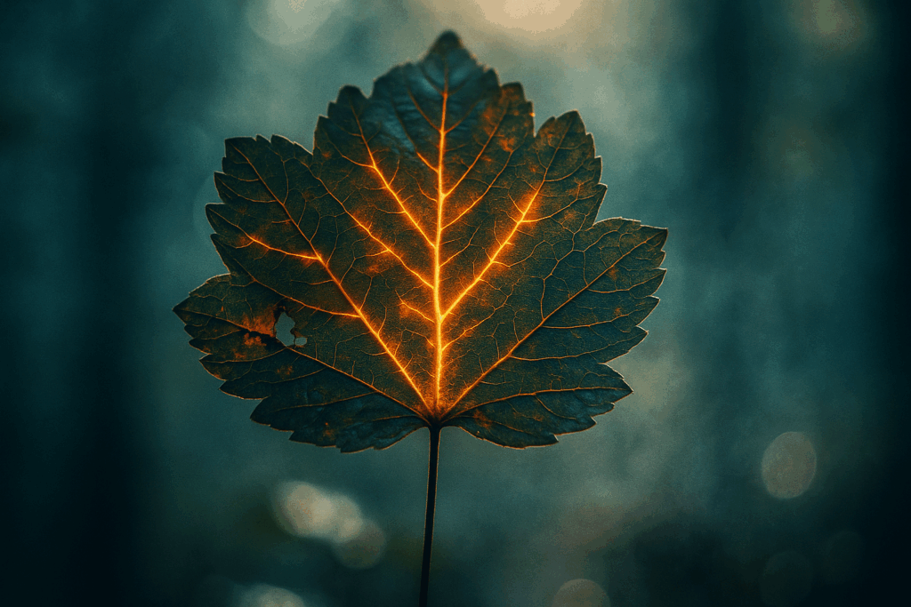 Повреждённый лист светится в темном лесу ночью (Damaged Leaf Glows in Dark Forest at Night)