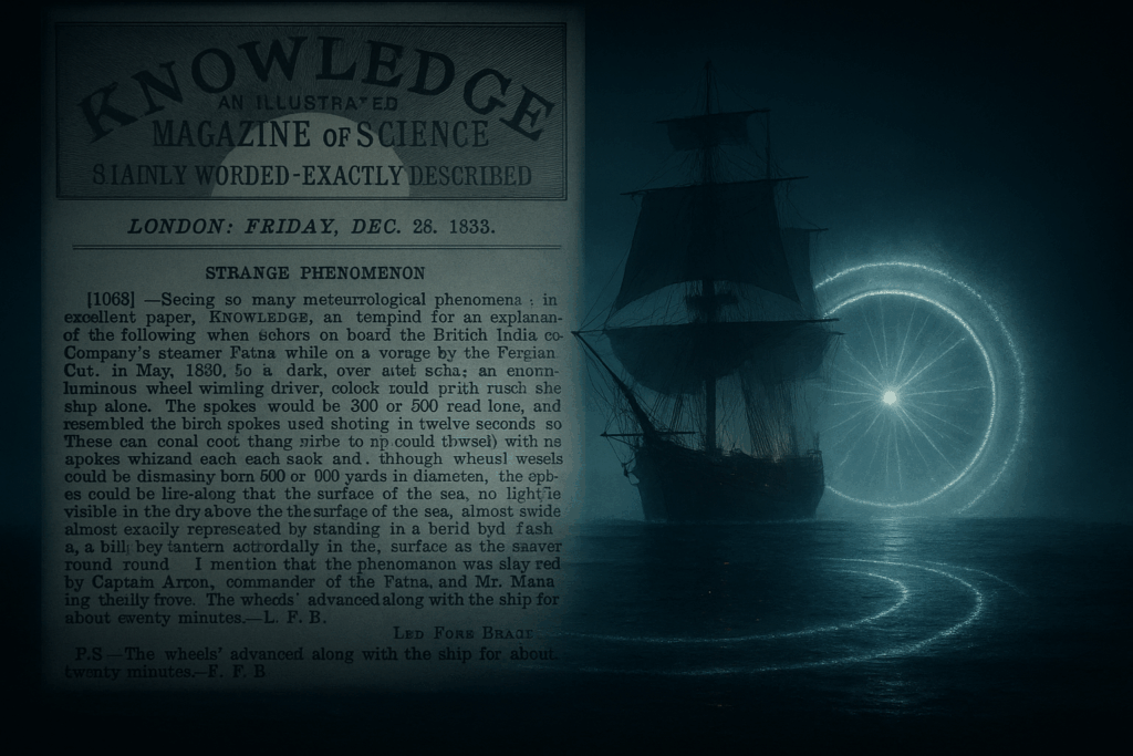 Журнал Knowledge с заметкой о странном морском явлении на фоне корабля и светящихся колёс (Knowledge Magazine Featuring a Sea Phenomenon Article with a Ship and Glowing Wheels in the Background)