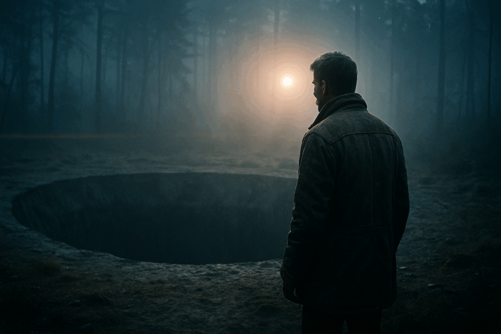 Мужчина стоит у таинственной круглой дыры в туманном утреннем лесу (Man Standing Near a Mysterious Circular Hole in Foggy Morning Forest)
