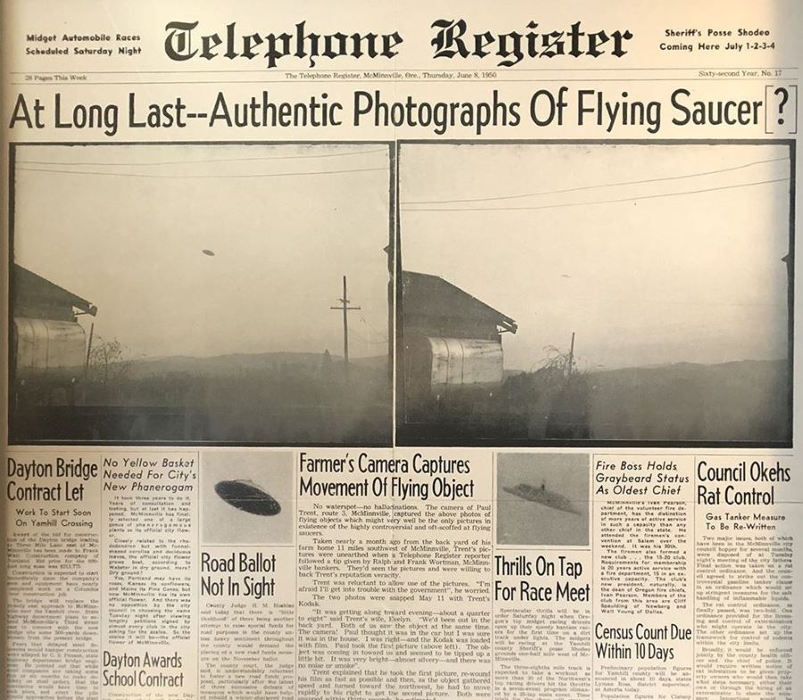 McMinnville Telephone Register от 8 июня 1950 года с заголовком о подлинных фото летающей тарелки (McMinnville Telephone Register, June 8, 1950, Featuring Headline About Authentic Flying Saucer Photographs)