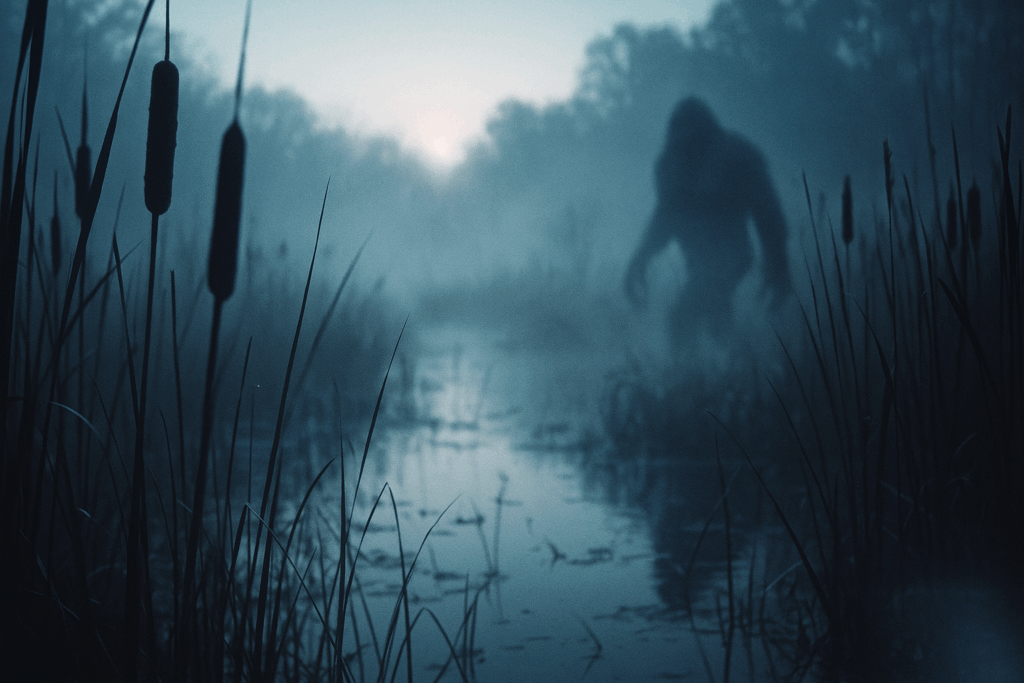 Туманные болота на рассвете, в зарослях скрывается неизвестное существо (Misty Swamp at Dawn With Something Hidden in the Trees)