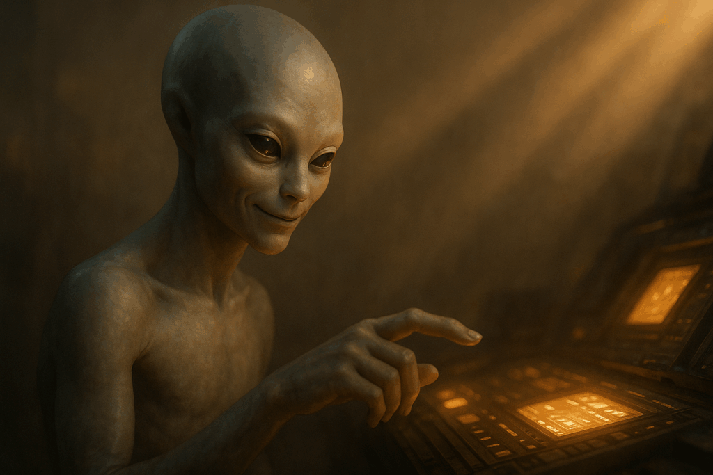 Дружелюбный гуманоид указывает на консоль в инопланетном комплексе (Friendly Humanoid Gestures Toward Console in Alien Facility)