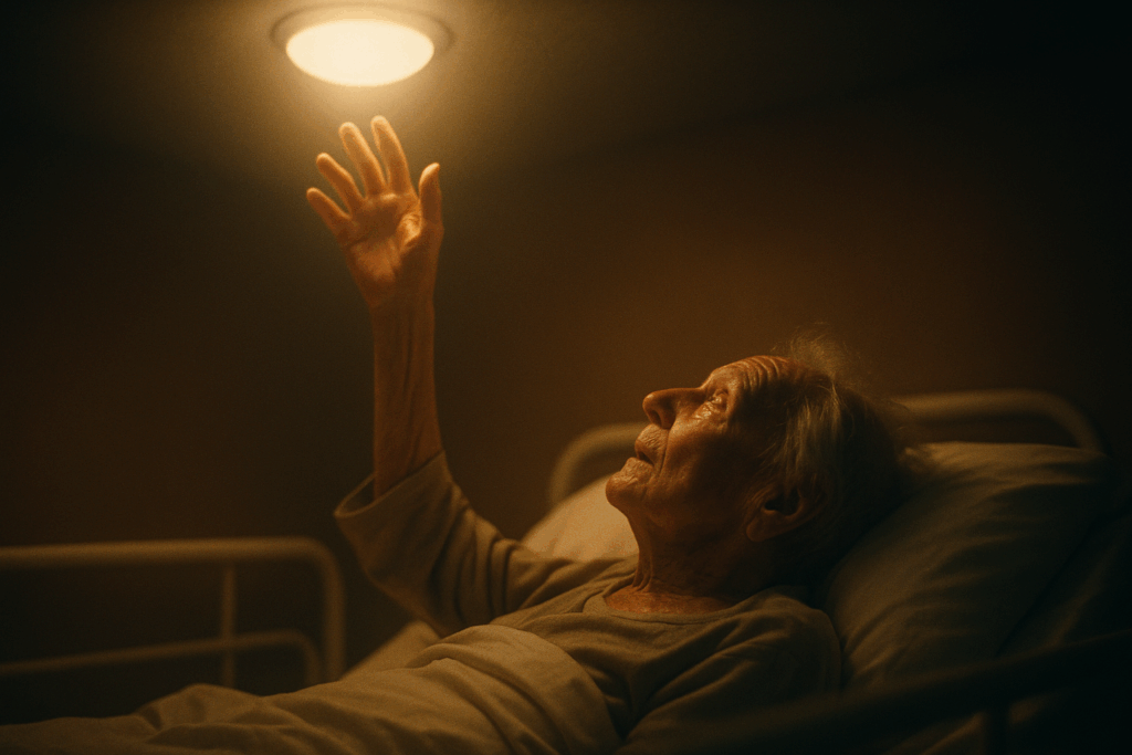 Пожилой человек поднимает руку к свету перед смертью (Elderly Person Reaching Toward Light Before Passing)