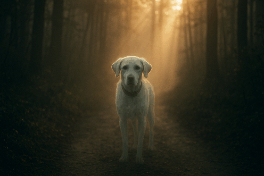 Resurrected Dog with Collar on a Foggy Forest Path