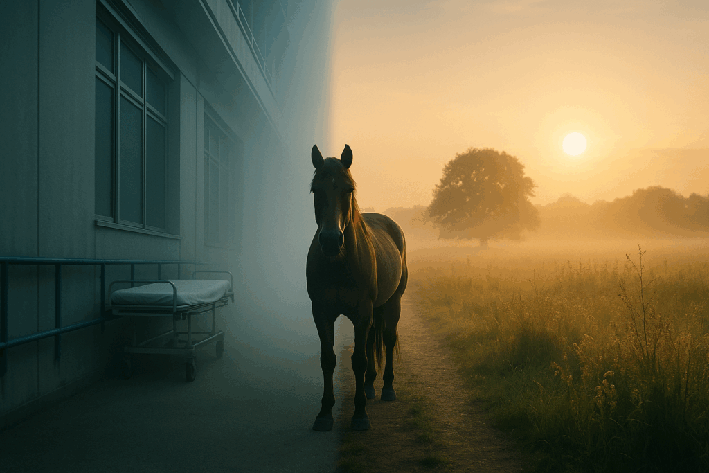 Конь между больницей и полем: туман с одной стороны, свет с другой (Horse Between Hospital and Field, Fog on One Side, Light on the Other)