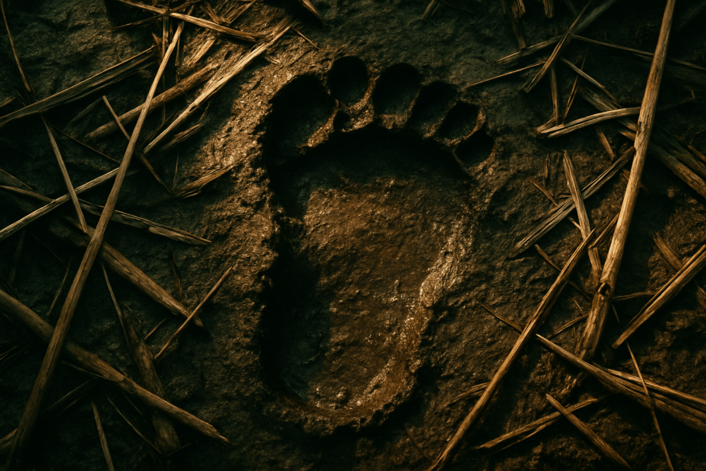 След огромной ноги в грязи среди сломанных камышей (Large Footprint in Swamp Mud Surrounded by Broken Reeds)
