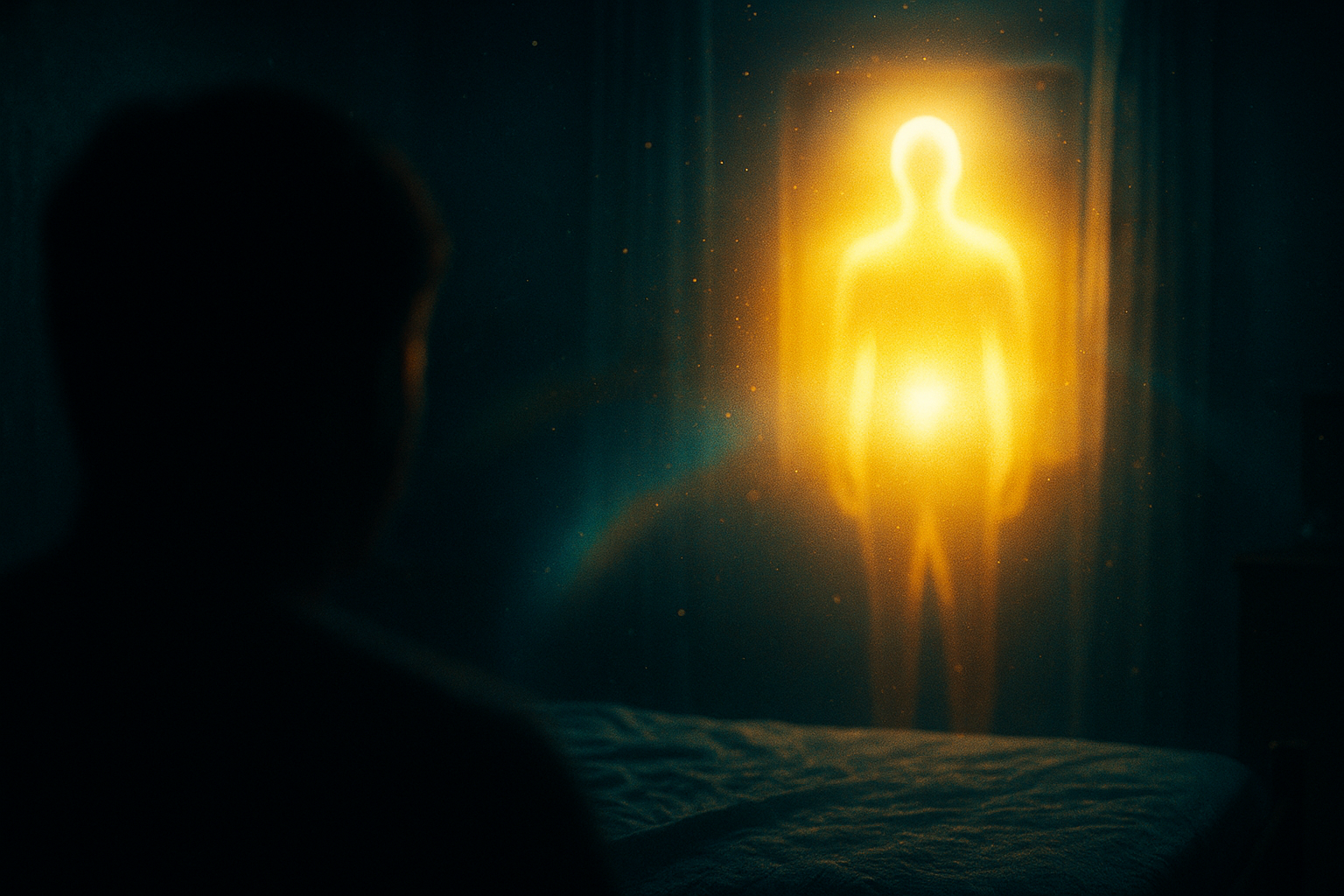Светящаяся фигура у изголовья кровати как символ (Glowing Figure at the Bedside as a Symbol)