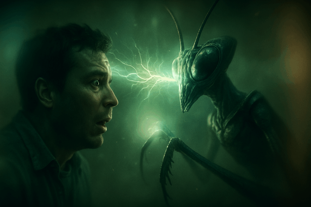 Мантис проникает в разум человека у воды, передавая мысли без слов (Mantis Entity Establishes Telepathic Link with Human by the River)