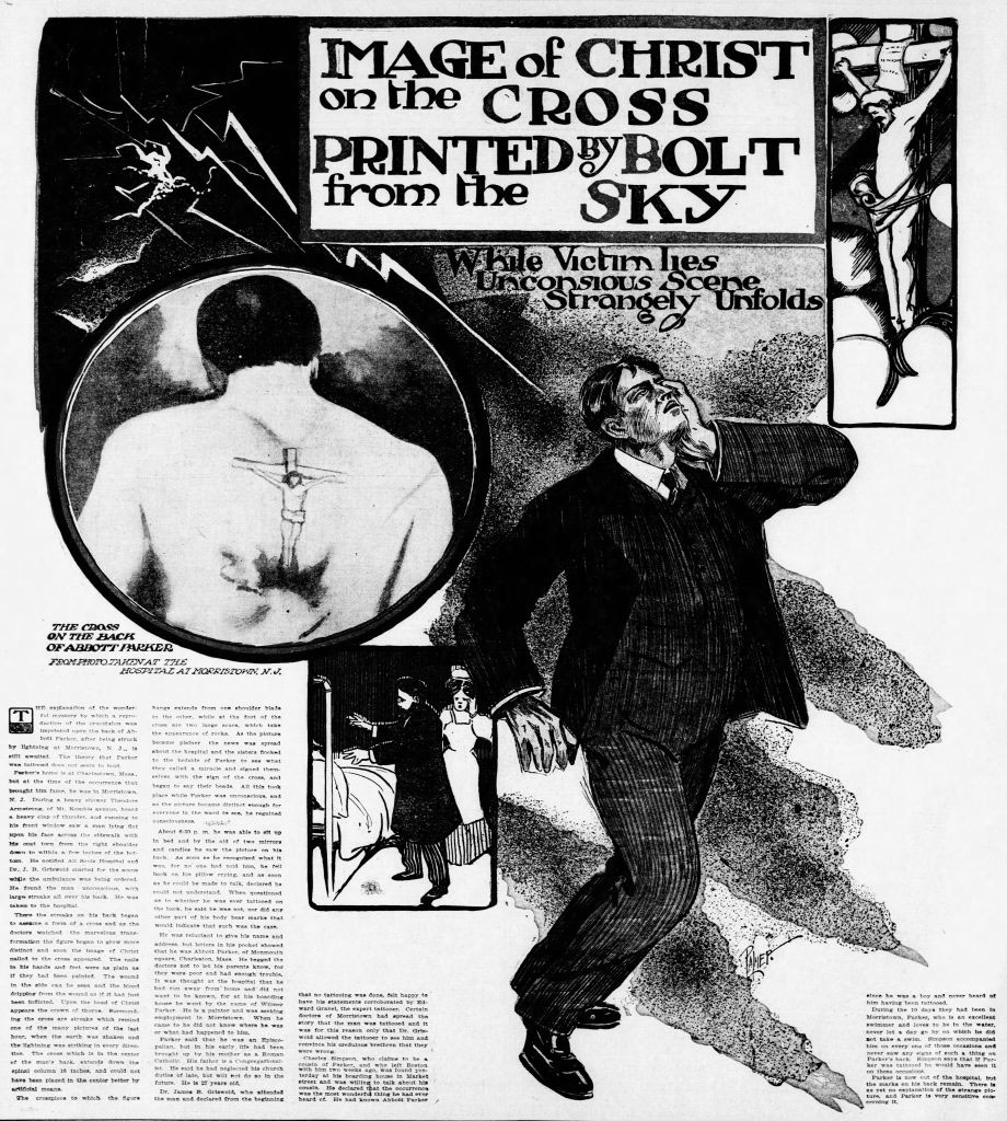 The Pittsburgh Press от 21 августа 1904 года с заголовком о распятии на спине Эббота Паркера (The Pittsburgh Press of August 21, 1904 With Headline About Crucifixion Image on Abbott Parker’s Back)