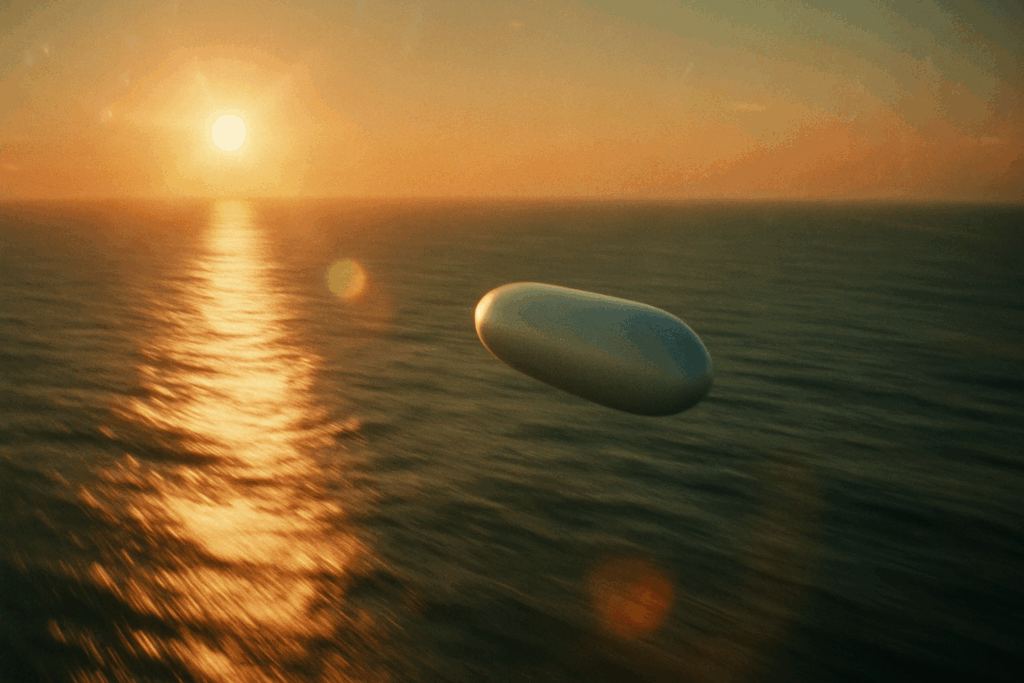 НЛО в форме тик-така летит над спокойным океаном (Tic-Tac UFO Flying Low Over Calm Ocean Surface)