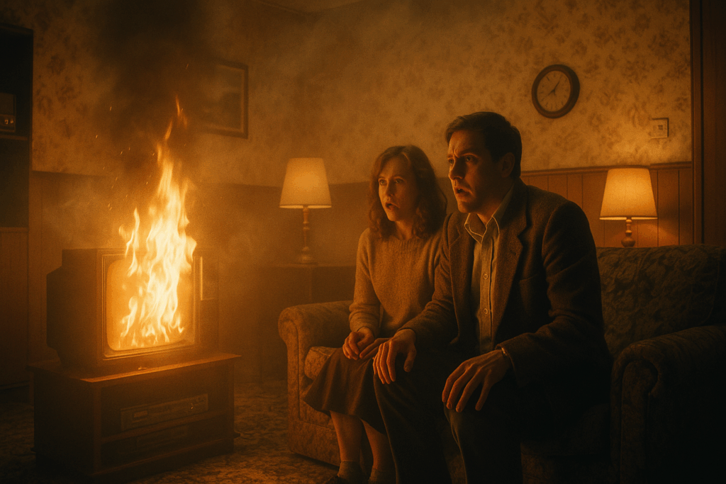 Телевизор вспыхивает в гостиной 80-х в Англии (Vintage TV Bursts into Flames in 1980s British Living Room)