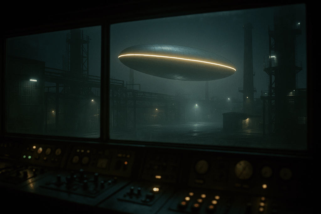 НЛО в форме сигары парит между башнями завода в Англии 1980-х (Cigar-Shaped UFO Hovering Between Factory Towers in 1980s England)