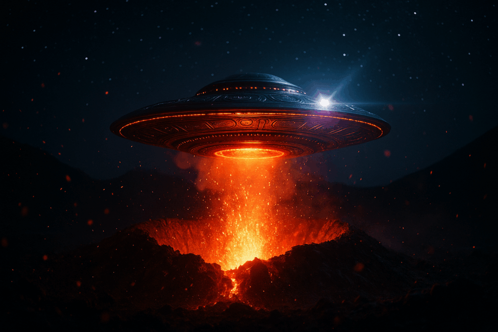 НЛО вылетает из кратера вулкана под звёздным небом (UFO Emerges from Volcanic Crater Under Starry Sky)