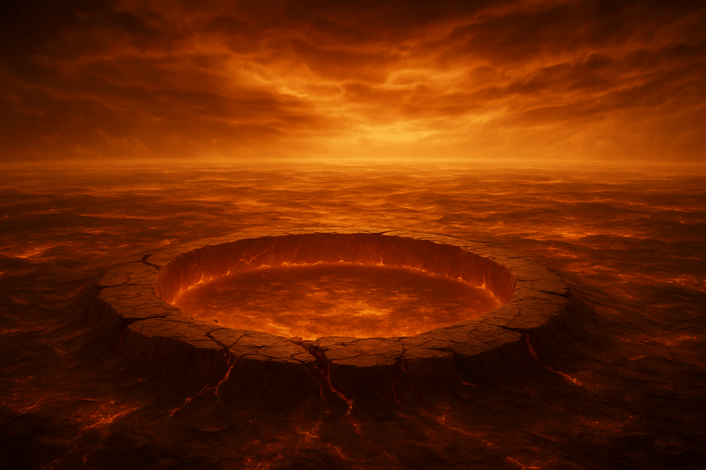 Огромная корона на раскаленной поверхности Венеры под вихрями облаков (Massive Corona on Venus' Scorching Surface Under Swirling)