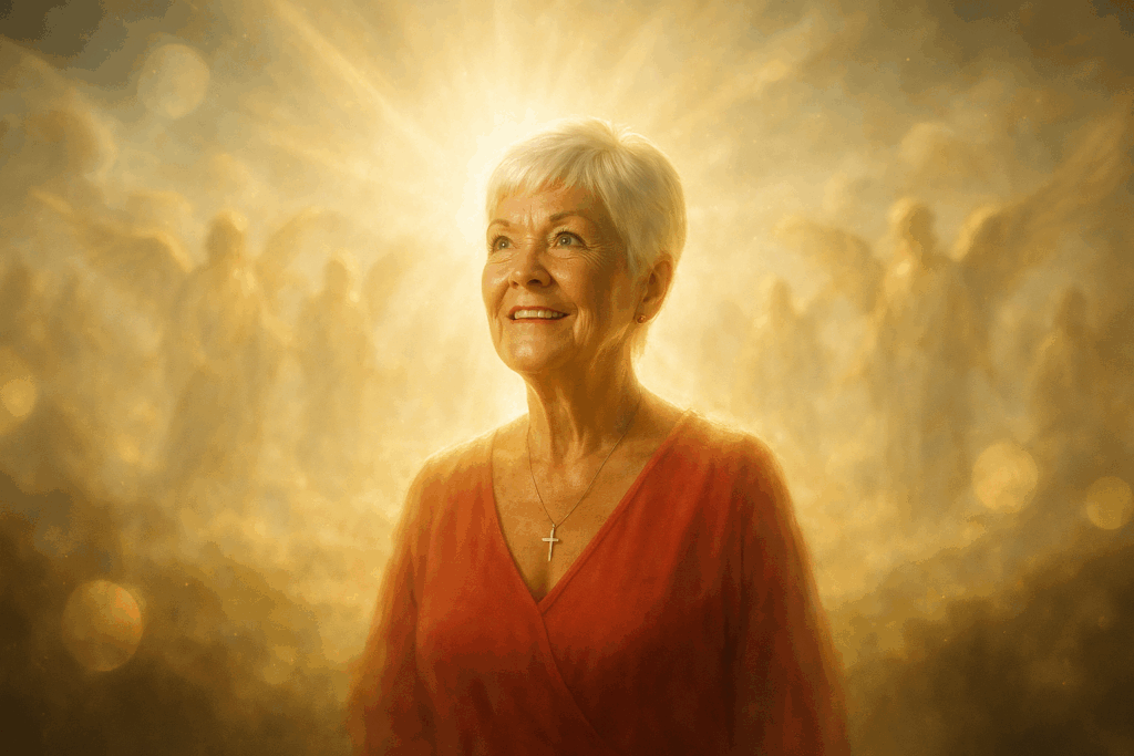 Женщина видит рай с золотым светом и ангельскими фигурами (Woman Sees Paradise with Golden Light and Angelic Figures)