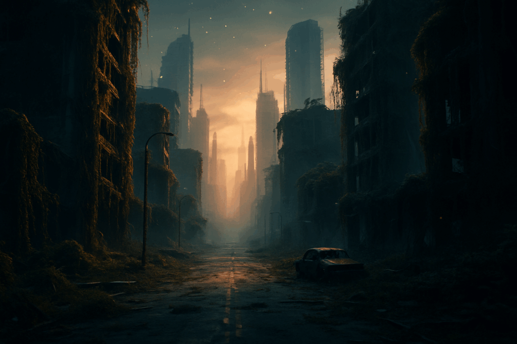 Заросший руинами футуристический город в сумерках (Overgrown Futuristic City in Ruins at Dusk)