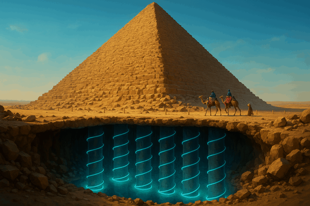 Под пирамидой Гизы колонны с неоновыми спиралями, над ними пустыня и верблюды (Neon Spiral Pillars Beneath Giza Pyramid With Camels Above)