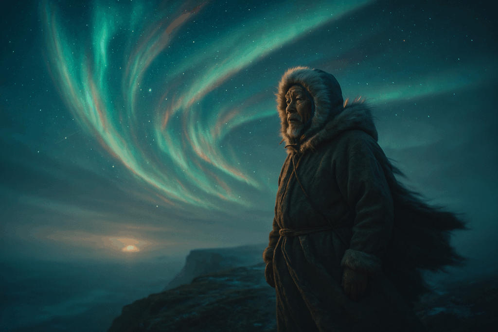 Инуитский старейшина смотрит на смещённые звёзды под сиянием полярного света на арктическом утёсе (Inuit Elder Views Shifted Stars Under Aurora Glow)