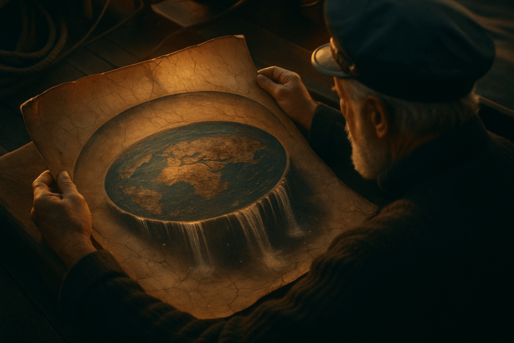 Старый мореплаватель разворачивает карту плоской Земли, с края которой стекает вода (Old Mariner Unrolls Map Of Flat Earth With Water Cascading Into Space)