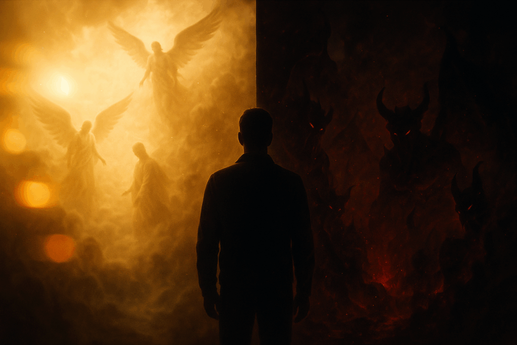 Мужчина видит рай и ад, разделённые светом и тьмой, в загробном мире (Man Sees Paradise and Inferno Split by Light and Dark)