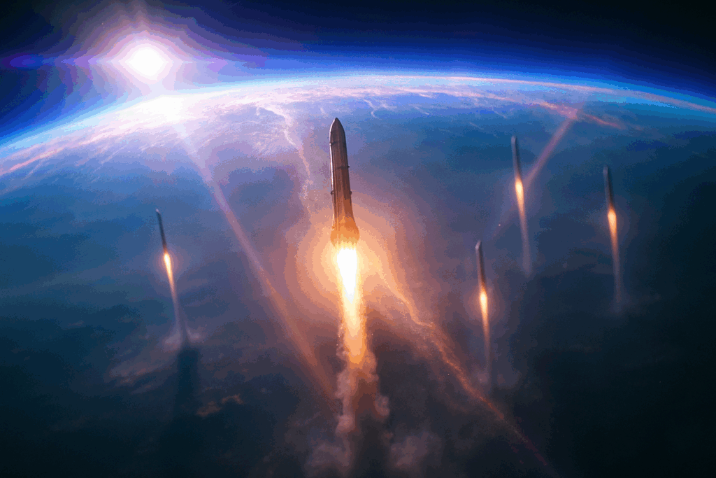 Несколько ракет прорезают озоновый слой Земли (Several Rockets Tear Through Earth's Ozone Layer)