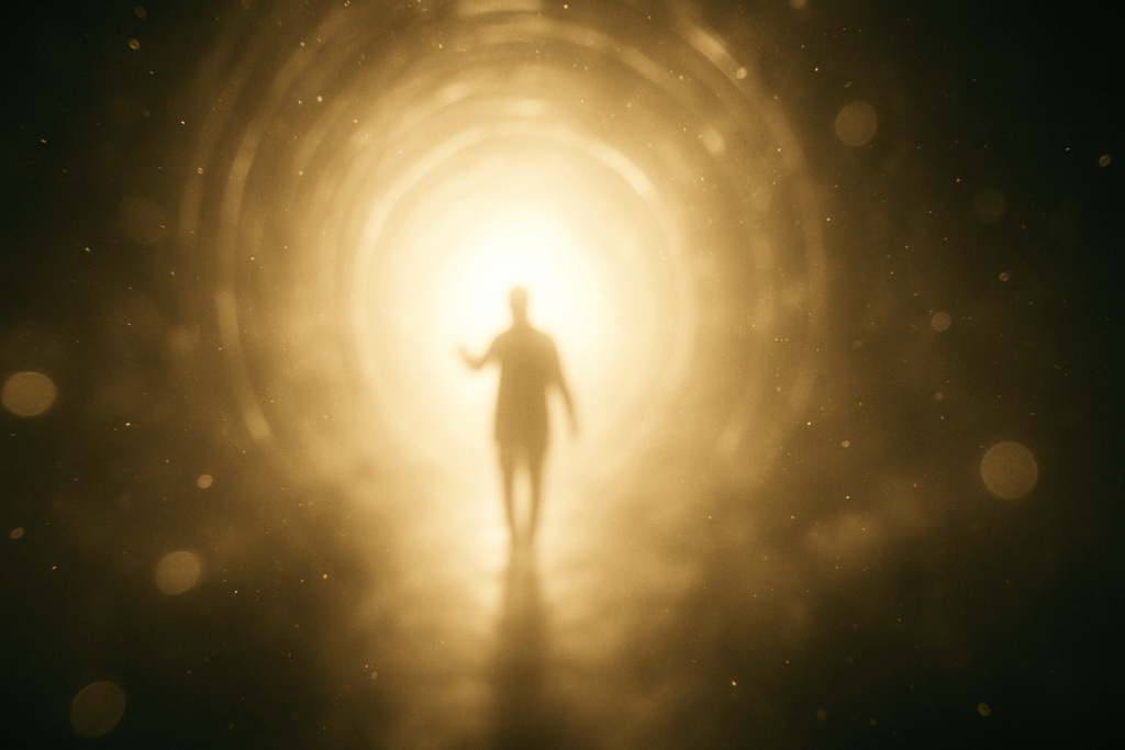 Человек движется по туннелю света, видя фигуру в конце пути (Person Travels Light Tunnel Seeing Figure at End)