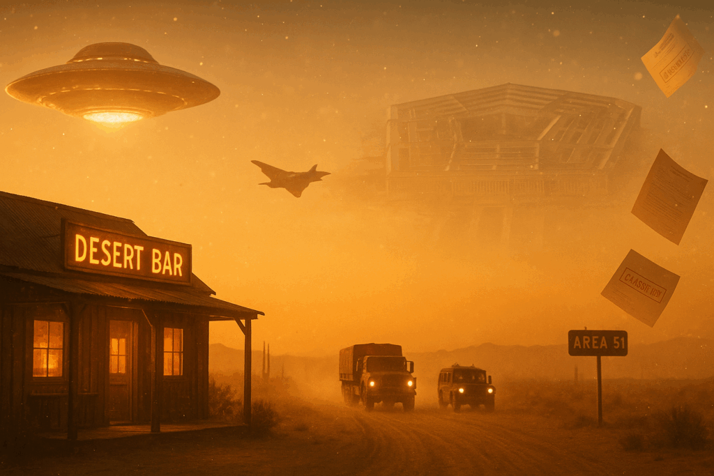 Панорама с баром, НЛО, колонной военных и Пентагоном на фоне (Panoramic Scene With Bar, UFO, Military Convoy and Pentagon)