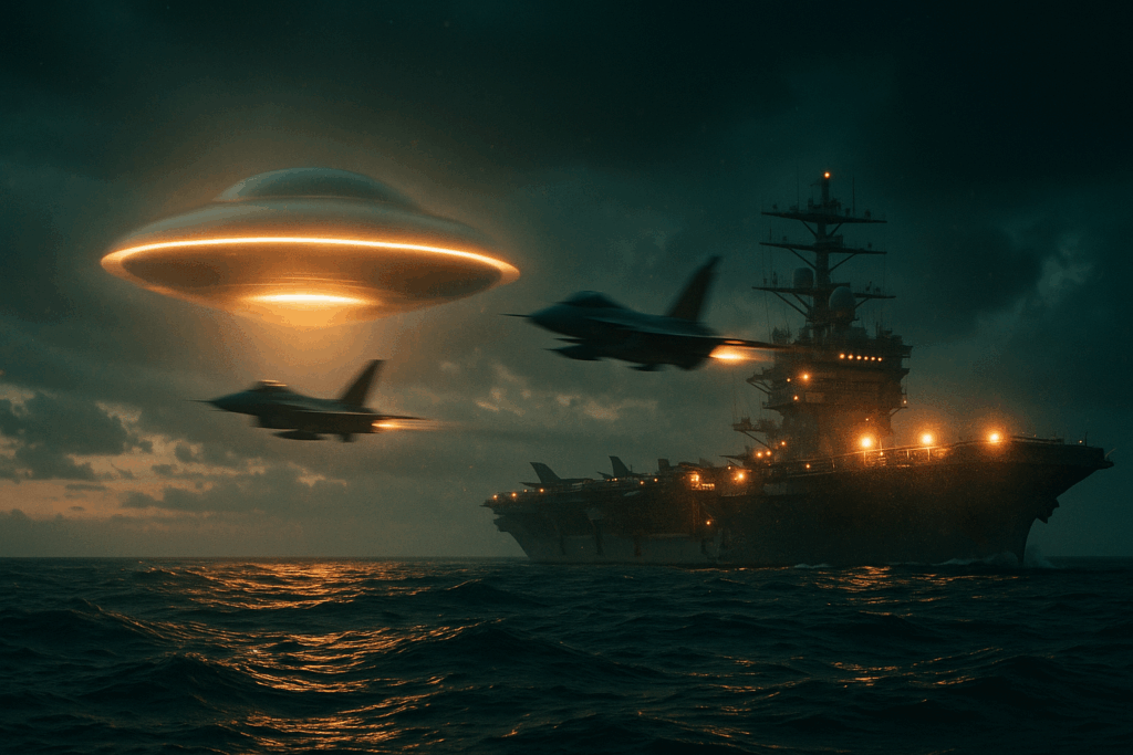 НЛО парит над океаном на закате, авианосец в дымке (UFO Hovers Over Ocean at Dusk, Carrier in Haze)