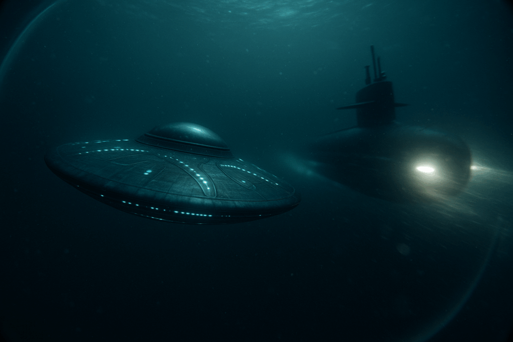 НЛО под водой, субмарина в мутной воде (UFO Underwater, Submarine in Murky Water)