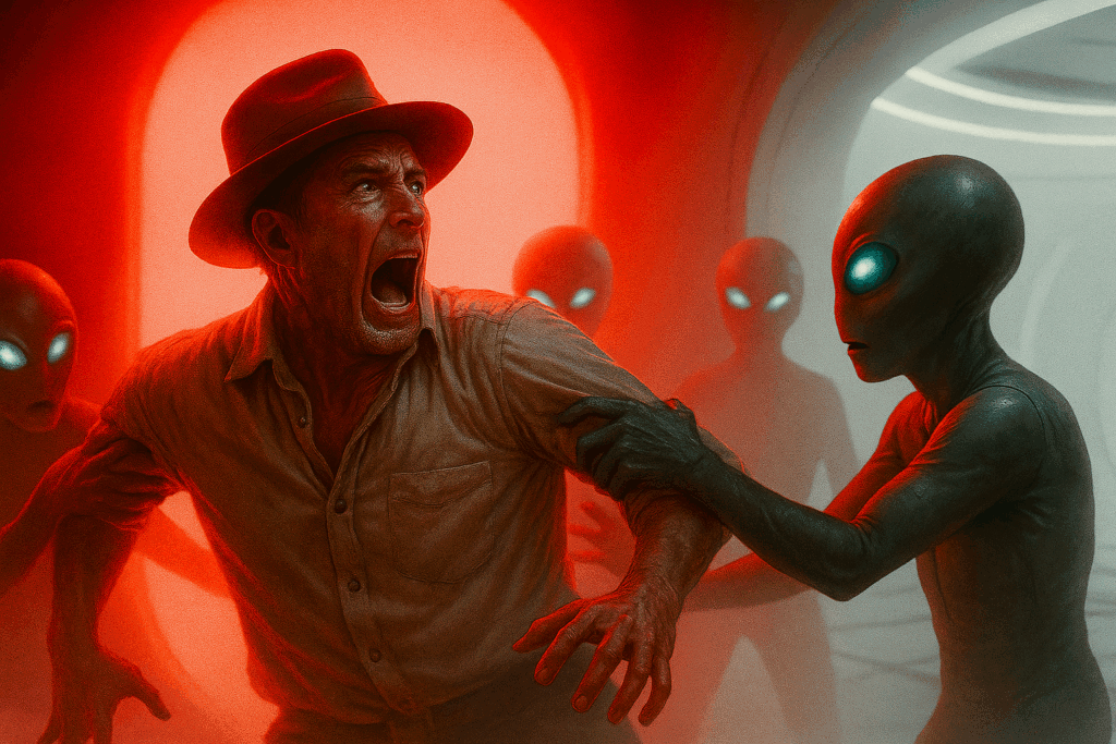 Гуманоиды хватают мужчину и тащат его к светящемуся кораблю (Humanoids Grab the Man and Drag Him Toward the Glowing Craft)
