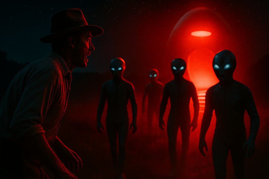 Из яйцаобразного корабля выходят четверо гуманоидов (Four Humanoids Emerge from the Egg-Shaped Craft)