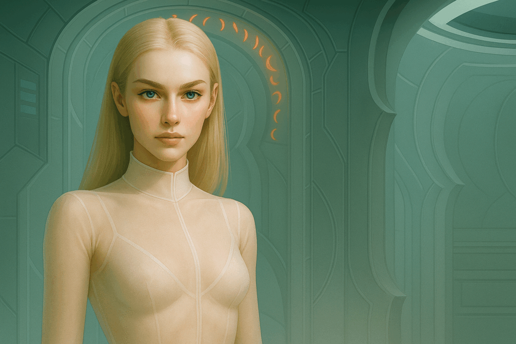Красивая женщина-инопланетянка на фоне космического корабля (Beautiful Alien Woman Standing Before a Spaceship)