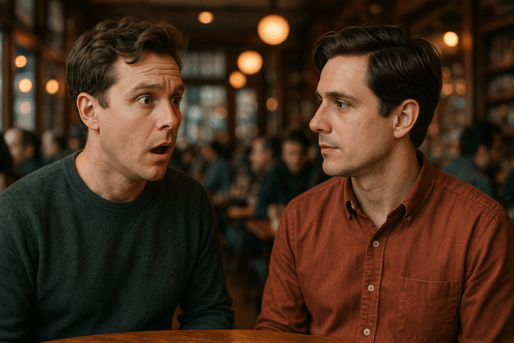 Встреча двух незнакомцев с похожими лицами в кафе (Two Strangers with the Same Face Meet in a Cafe)