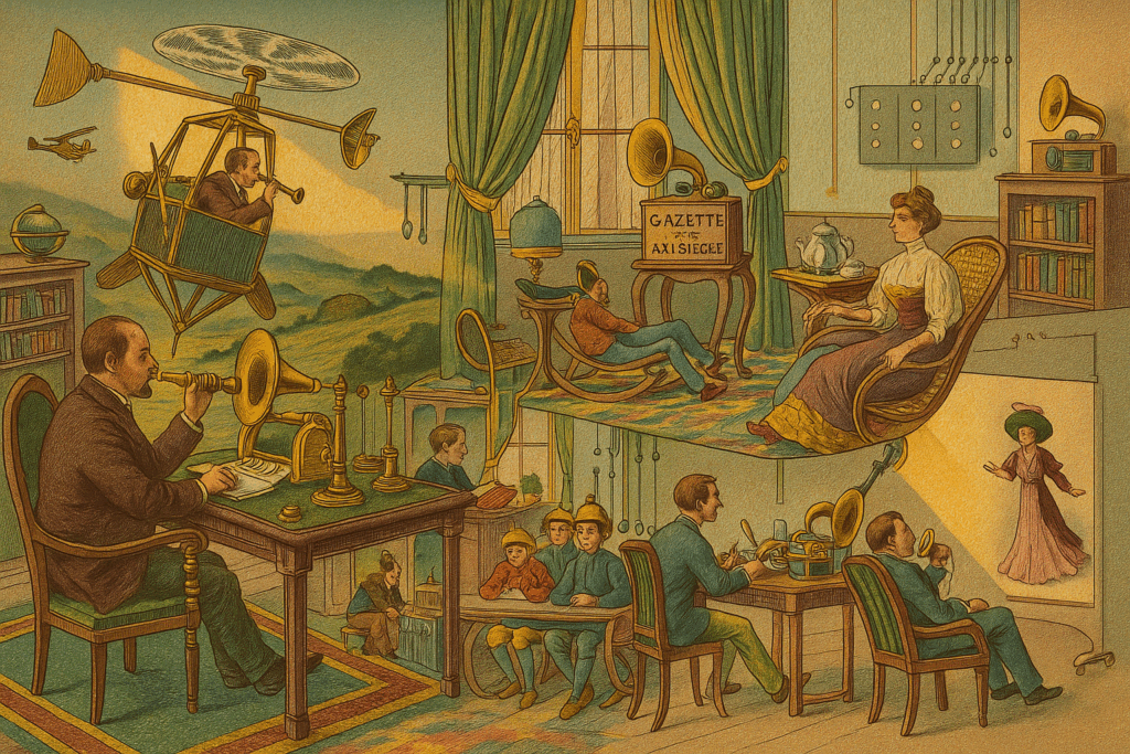 Коллаж из серии En L’An 2000 с футуристическими изобретениями (Retrofuturistic Collage of Life in the Year 2000 With Tech Inventions)