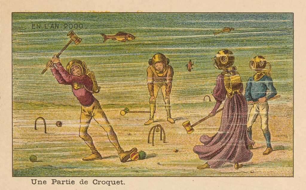 Открытка из серии En L’An 2000. Группа людей играет в крокет под водой в водолазных костюмах