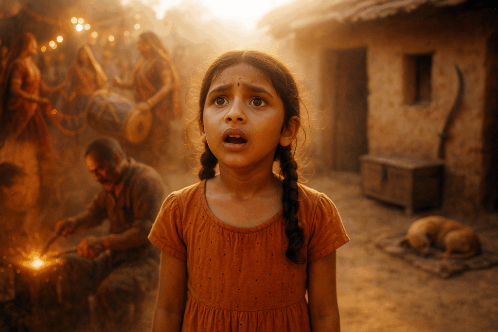 Индийская девочка в деревенском дворике, позади неё появляются образы воспоминаний прошлой жизни (An Indian Girl in a Village Courtyard with Faint Visual Echoes of a Past Life Appearing Behind Her)
