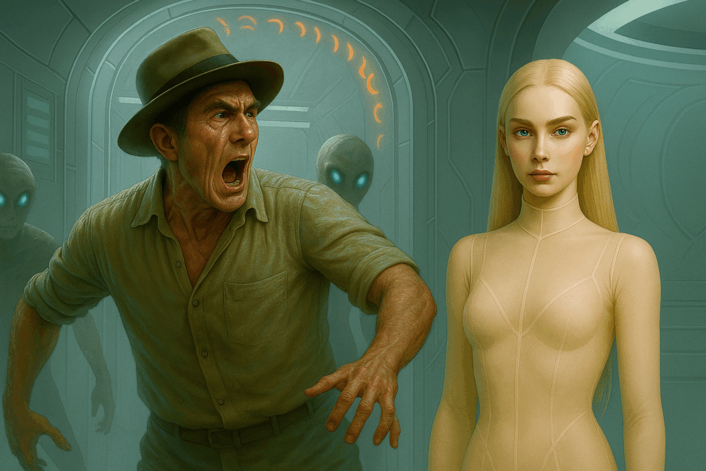 Мужчина в панике кричит и отшатывается от красивой женщины-инопланетянки (Мужчина в панике кричит и отшатывается от красивой женщины-инопланетянки)