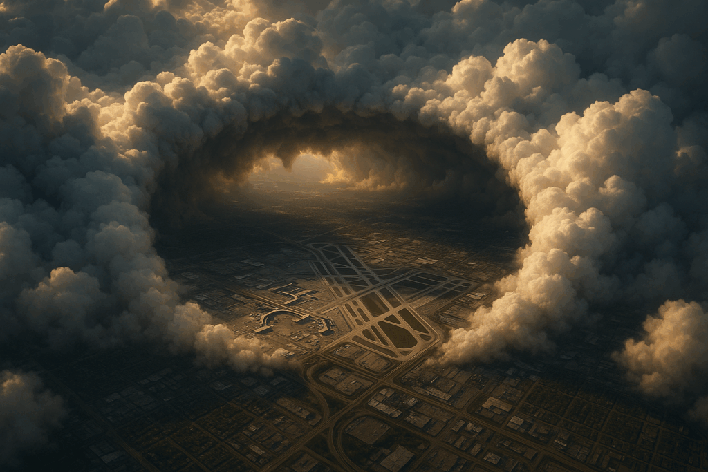 Круглая дыра в облаках над О'Хара, оставленная НЛО (Round Cloud Hole Above O'Hare, Left by Ascending UFO)