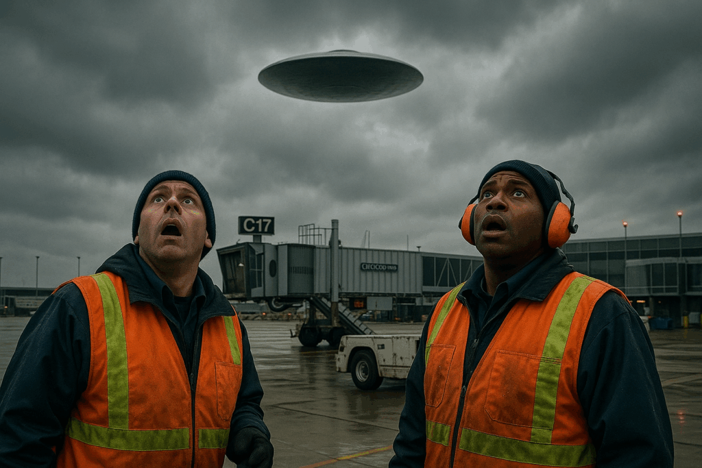 Сотрудник наземной службы видит бесшумное НЛО над выходом C17 в аэропорту О’Хара (Ground Crew Sees Silent UFO Hovering Above Gate C17 at O’Hare Airport)